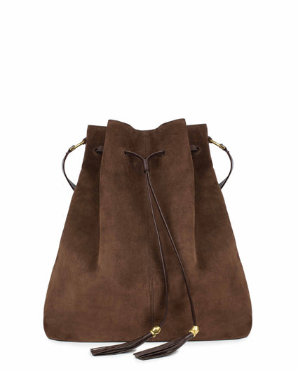 L'AVENTURA LARGE BUCKET BAG in Chocolate Suede leather Kendall Conrad   